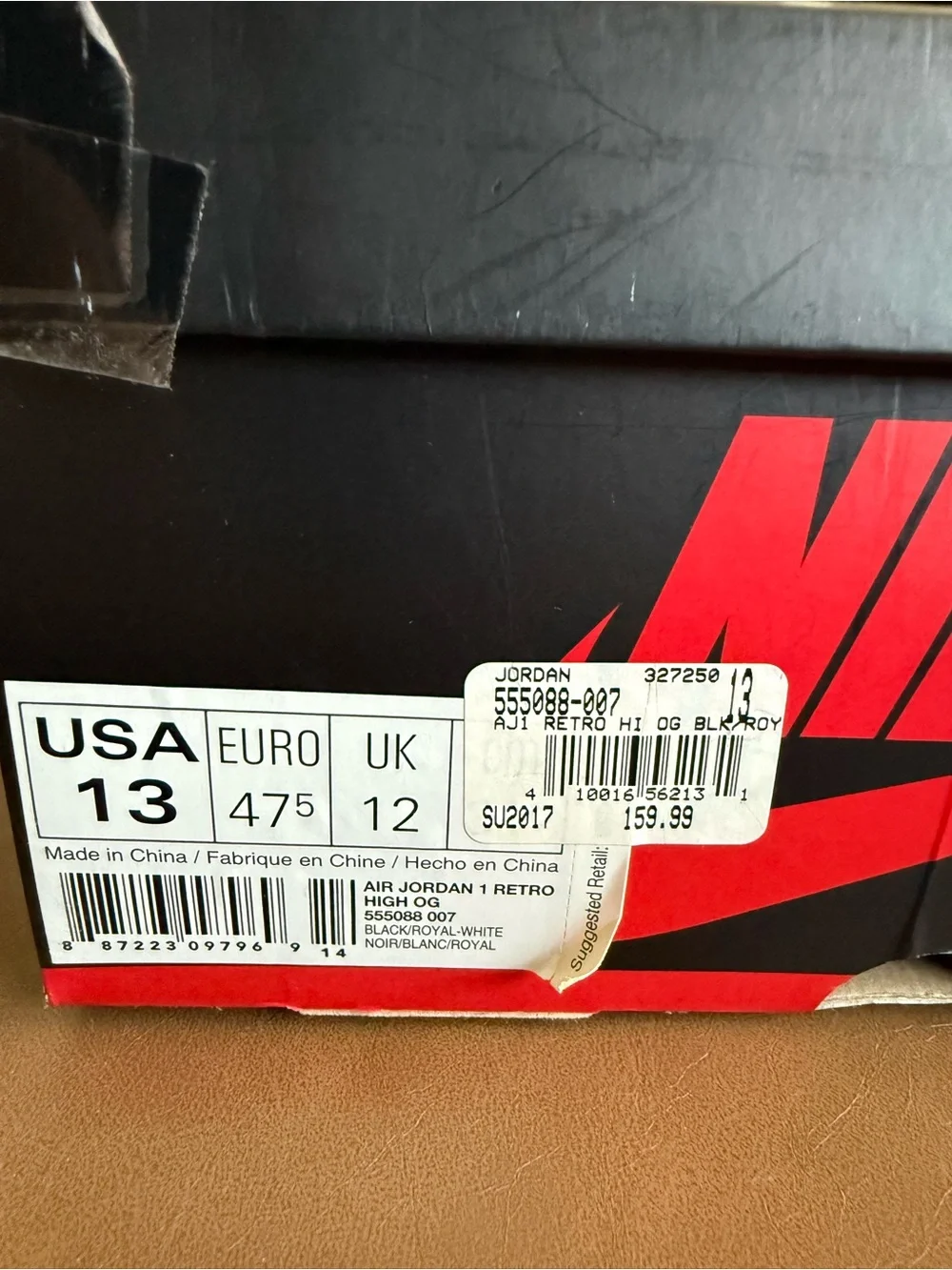 Air Jordan 1 Retro High OG Royal 2017 Black Blue Size 13 555088-007